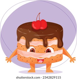 cute chocolate cake with cherries. Cake character.Cartoon smiling sweet cake.  Smiling cake illustration. Vector. Isolated desserts