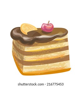 Cute chocolate cake with cherry and slick of orange. Peace of cake with fruits. Sweet dessert.Vector. Isolated on white. Can be used for recipe illustration, birthday card or menu cover.