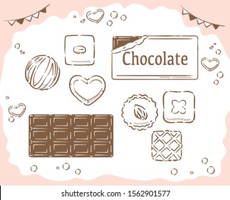 Cute chocolate candies and chocolate bars. Vector illustration for Valentine's Day ad or other use.