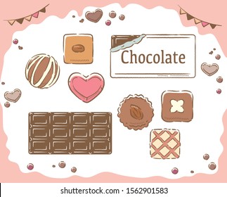Cute chocolate candies and chocolate bars. Vector illustration for Valentine's Day ad or other use.