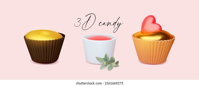 Cute chocolate candy set. Realistic 3D sweets isolated on pink