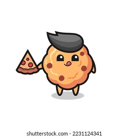 cute chocolate chip cookie cartoon eating pizza , cute style design for t shirt, sticker, logo element