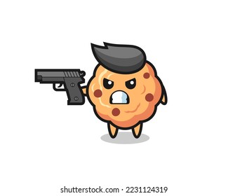 die süße Schokoladenchips-Plätzchen-Charakteraufnahme mit einer Waffe, süßes Design für T-Shirt, Aufkleber, Logo-Element