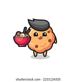 cute chocolate chip cookie character eating noodles , cute style design for t shirt, sticker, logo element