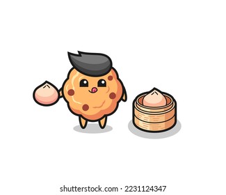 cute chocolate chip cookie character eating steamed buns , cute style design for t shirt, sticker, logo element