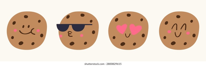 Cute chocolate chip cookie characters emoji set funny summer bakery faces collection