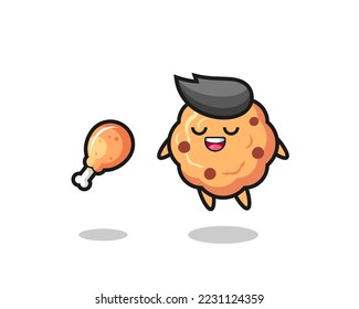 cute chocolate chip cookie floating and tempted because of fried chicken , cute style design for t shirt, sticker, logo element