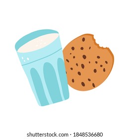 A Cute Chocolate Chip Cookie And A Glass Of Milk. Hand-drawn Vector Isolated Illustration.