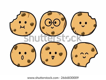 Cute chocolate chip cookie icons illustration with various kawaii facial expressions including happy, surprised, smiling, and biting designs for adorable bakery and dessert themed graphics
