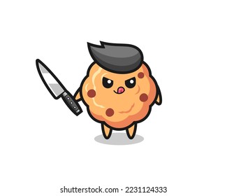 mascota de galleta de chocolate lindo como psicópata sujetando un cuchillo, diseño de estilo lindo para camiseta, pegatina, elemento logo