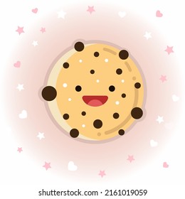 Cute chocolate chip cookie vector icon illustration. Sticker cartoon logo. Food icon concept.  Flat cartoon style suitable for web landing page, banner, sticker, background. Kawaii cookie.