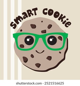 Ilustração de vetor de biscoito com gotas de chocolate bonito. A obra de arte apresenta um grande cookie de desenho animado com óculos e tipografia em um fundo bege listrado. Arte gráfica de vestuário. Ilustração desenhada à mão.