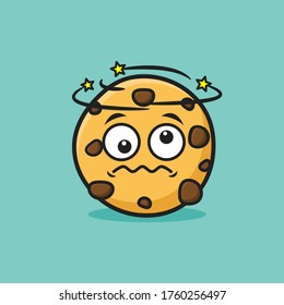 Cute chocolate chips cookies mascot character design. Kawaii cartoon style vector icon illustration of dizzy cookie with funny face expression. 