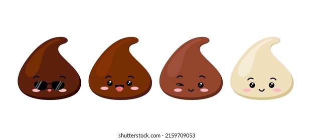 Cute Chocolate Chips Kids Emoji Character Vector Set. Funny Dark, Bitter, Milky And White Choco Chunk With Face For Cookie Baking. Kawaii Cartoon Style Cacao Sweet Food Morsel Emoticon Illustration.