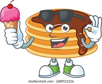 Cute chocolate cream pancake cartoon character enjoying an ice cream