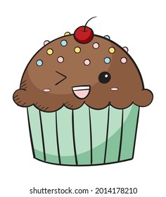 A cute Chocolate cup cake with cherry on top
