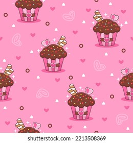Cute chocolate cupcake cartoon vector pattern background.