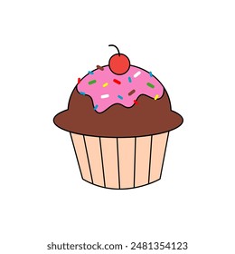 A cute chocolate cupcake with pink frosting on top with colorful candy topping with a cherry 