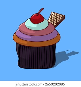 A cute chocolate cupcake topped with colorful whipped cream swirls. Perfect for bakery designs, party invitations, dessert menus, and kids’ content. Fun, sweet, and ideal for any creative project.