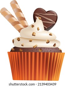 Cute Chocolate Cupcake Vector Illustration with Heart 