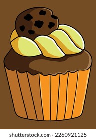 cute chocolate cupcake with whipped cream and cookies illustration. can be used as stickers. it also can be used as a dessert icon or symbol. delicious and cute cupcake.