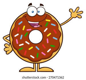 Cute Chocolate Donut Cartoon Character With Sprinkles Waving. Vector Illustration Isolated On White