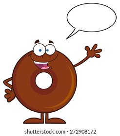 Cute Chocolate Donut Cartoon Character Waving. Vector Illustration Isolated On White With Speech Bubble