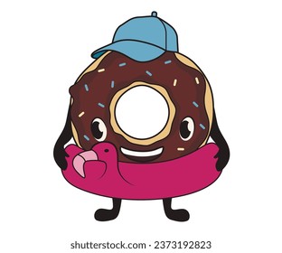 Cute chocolate donut with swimming ring on white background