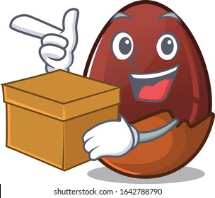 Cute chocolate egg cartoon character having a box