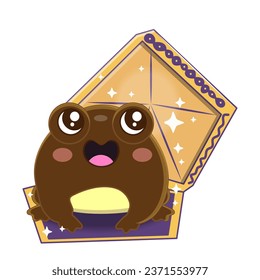 Cute chocolate frog sitting in a box illustration in cartoon style isolated on white background. Kawaii little frog with gold box. Vector hand drawn design doodle style.