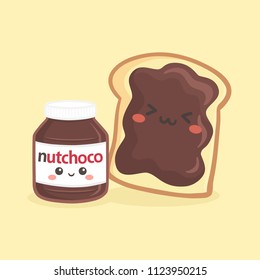 Cute Chocolate Hazelnut Spread Bottle Jar and Loaf Bread Sandwich Breakfast Vector Illustration Cartoon Smile