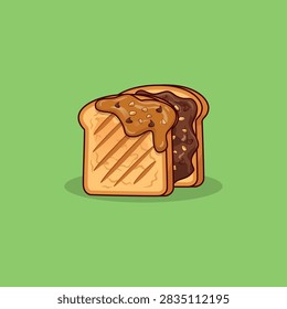 Cute chocolate hazelnut toast vector illustration featuring slices of golden toasted bread topped with rich melted chocolate hazelnut spread and chopped nuts. Clean cartoon food style, ideal for bakery branding, breakfast menus, food packaging, dessert designs, recipe illustrations, posters, stickers, and culinary projects.