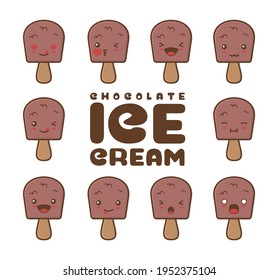cute chocolate ice cream bars. cartoon illustration with different facial expressions