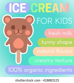  Cute chocolate ice cream bear.Cute smiling bear shape ice cream on a stick for kids. Funny animal shape ice cream on blue background with rainbow gradient text.Ice cream bar for children ad template.