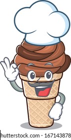 Cute chocolate ice cream cartoon character wearing white chef hat