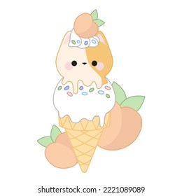 Cute chocolate ice cream in a cat-shaped cone with colorful sprinkles and peaches. On a white background.