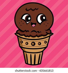 Cute Chocolate Ice Cream Cone Vector Illustration Character