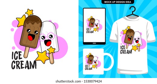 cute chocolate ice cream and friend. cute animal cartoon illustration and merchandising design