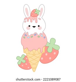 Cute chocolate ice cream in a rabbit-shaped cone with colorful sprinkles and strawberries. On a white background.