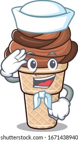 Cute chocolate ice cream Sailor cartoon character wearing white hat