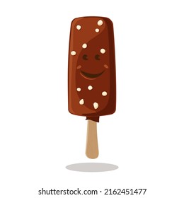 Cute chocolate ice cream. Ice cream with smile on stick. Funny cheerful ice cream cartoon character Vector flat isolated on white background. Kawaii cartoon style. For menu, recipe, cafe, restaurant.