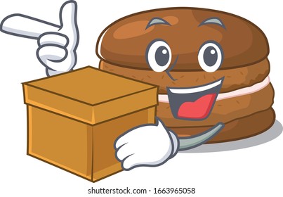 Cute chocolate macaron cartoon character having a box