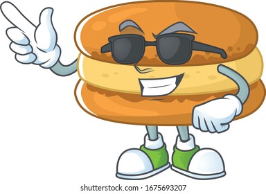 Cute chocolate macarons cartoon character design style with black glasses