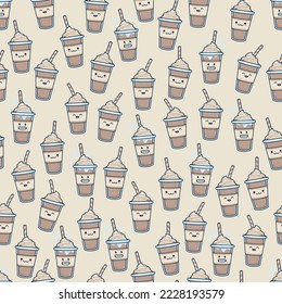 cute chocolate milkshake drink in plastic cup cartoon character seamless pattern background. cute frappe coffee emoji seamless pattern