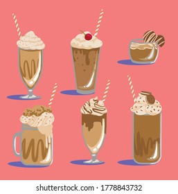 Cute chocolate milkshakes vectors with different toppings.