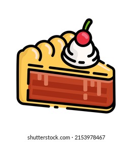 Cute Chocolate Pie Slice with Cream and Cherry on top Flat Design Cartoon for Shirt, Poster, Gift Card, Cover, Logo, Sticker and Icon.