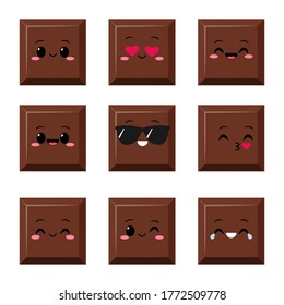 Cute chocolate piece characters with funny face. Happy dark or milk chocolate bar emoji set. Cartoon kawaii sweet food emoticon vector illustration.