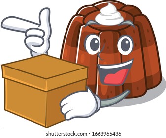 Cute chocolate pudding cartoon character having a box