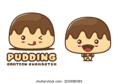 cute chocolate pudding mascot, cake cartoon illustration, suitable for logos, packaging labels, stickers, etc.