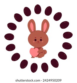 cute chocolate rabbit with easter eggs on white. vector illustration